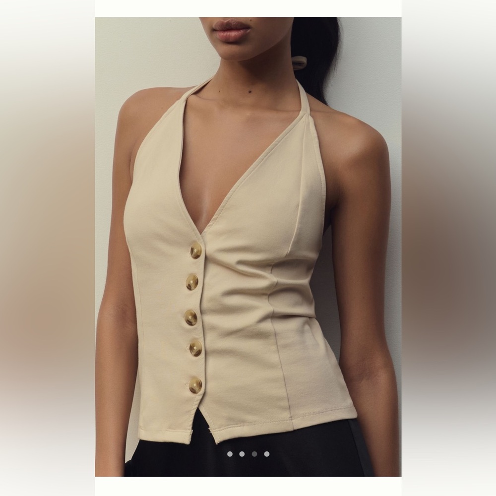 Beige Halter Button-Front Tank Top